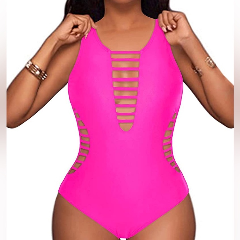 Women's hot pink swimwear Deep VNeck Cut Out One Piece Swimsuit size medium NWT